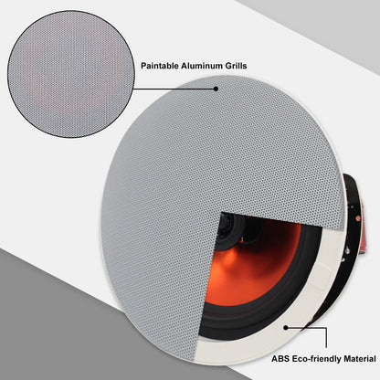 Gray paintable aluminum grille flush mount in-ceiling speaker 2pcs passive with orange cone and eco-friendly frame for bathrooms bedrooms kitchens