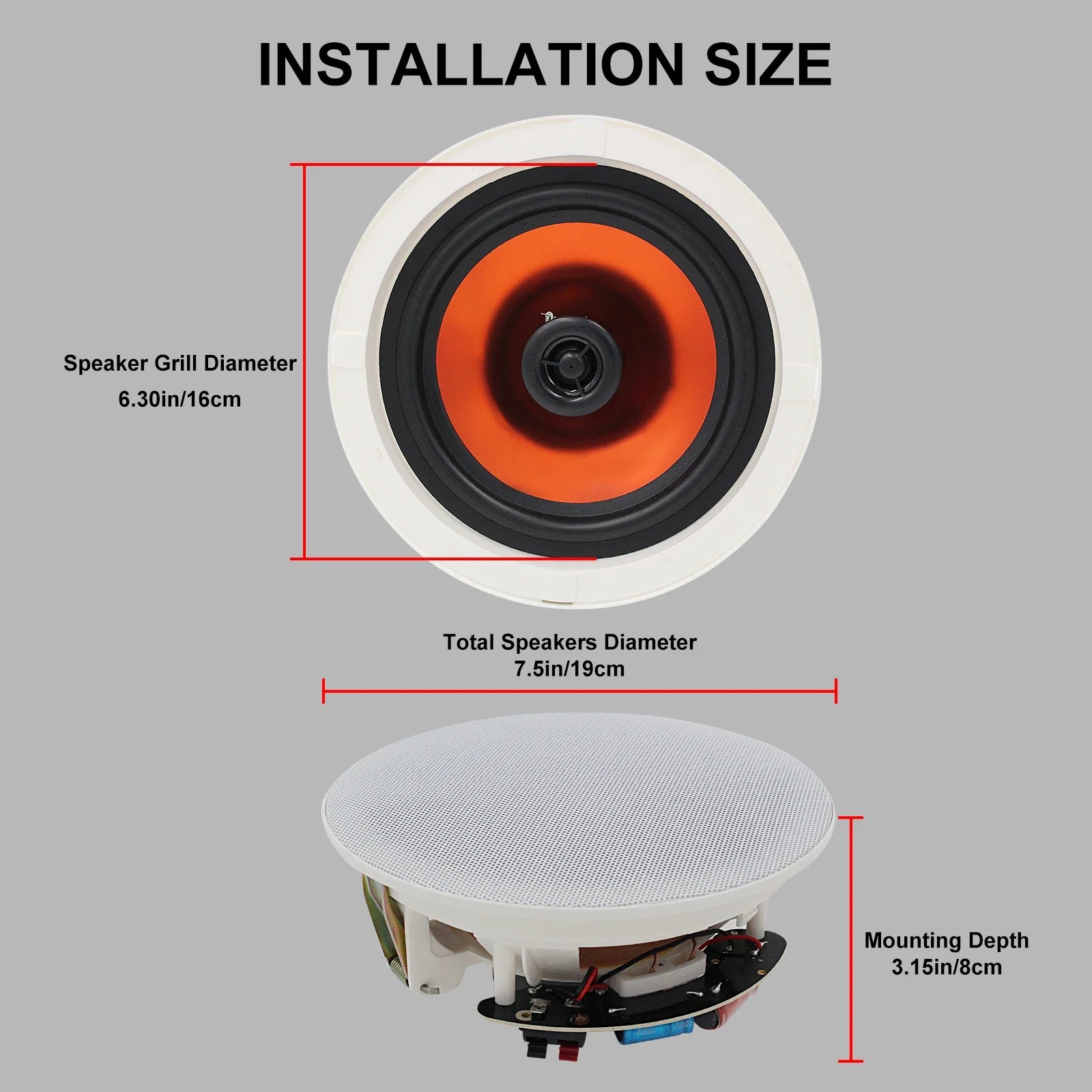 White circular herd io flush mount in-ceiling speaker 2pcs passive with orange cone for bathrooms bedrooms kitchens