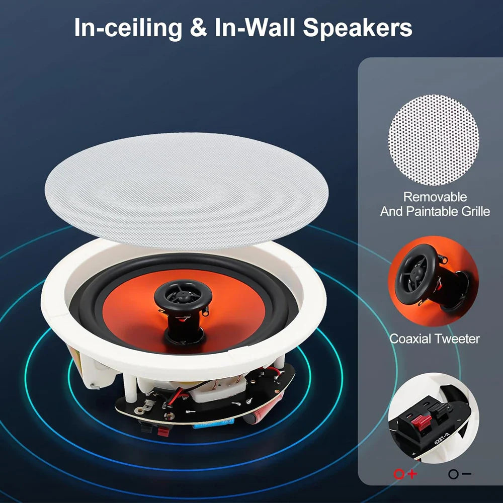 White circular herd io 6.5 inch 300w flush mount in-ceiling speaker 2pcs passive with removable grille for bathrooms bedrooms kitchens