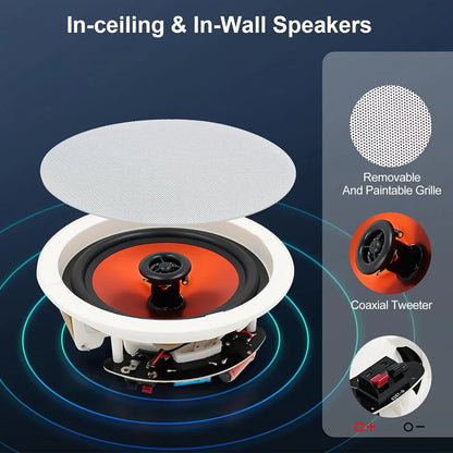 White circular herd io 6.5 inch 300w flush mount in-ceiling speaker 2pcs passive with removable grille for bathrooms bedrooms kitchens