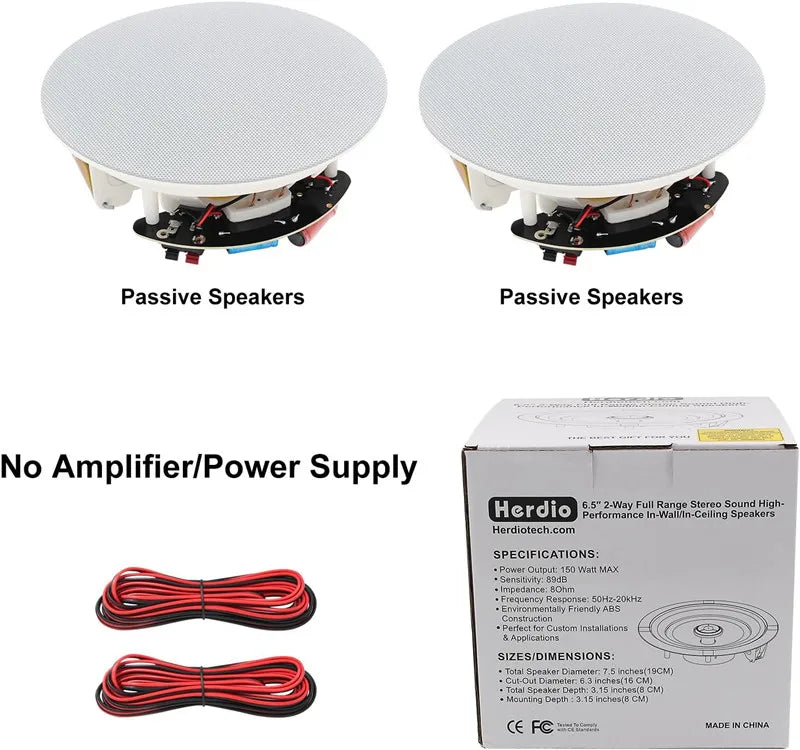 White herdio 6.5 inch flush mount in-ceiling speaker 2pcs passive with textured grille for bathrooms bedrooms kitchens