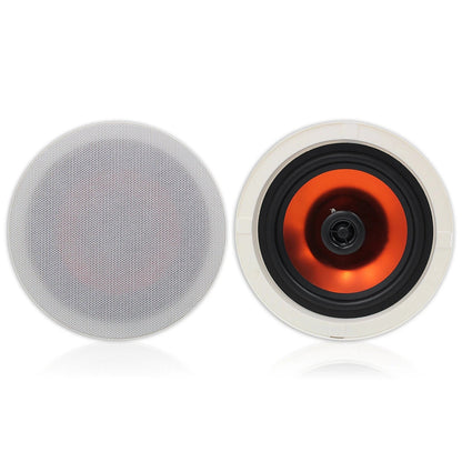 White flush mount in-ceiling speaker 2pcs passive with perforated grille and orange cone for bathrooms bedrooms kitchens