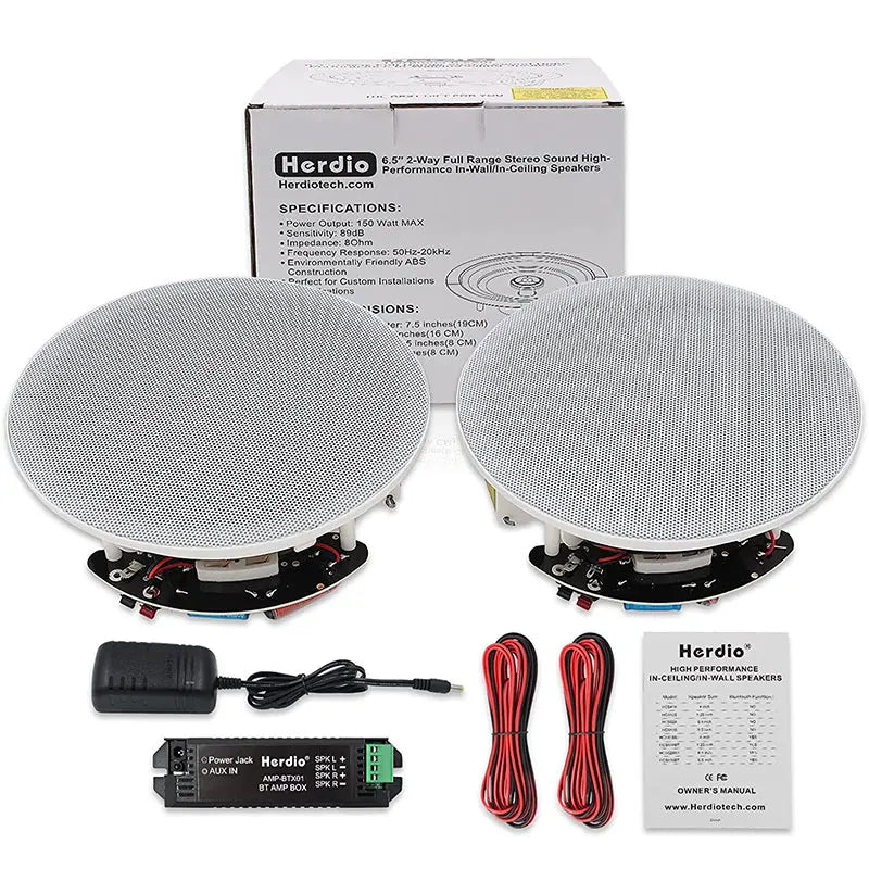 A pair of silver herdio 6.5 inch 300w ceiling bluetooth speaker home recessed system for bedroom bathroom 2pcs