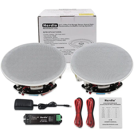 A pair of silver herdio 6.5 inch 300w ceiling bluetooth speaker home recessed system for bedroom bathroom 2pcs