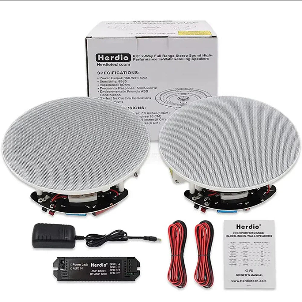 Pair of silver mesh-covered herdio 6.5 inch 300w ceiling bluetooth speaker home recessed with black hardware and wiring components