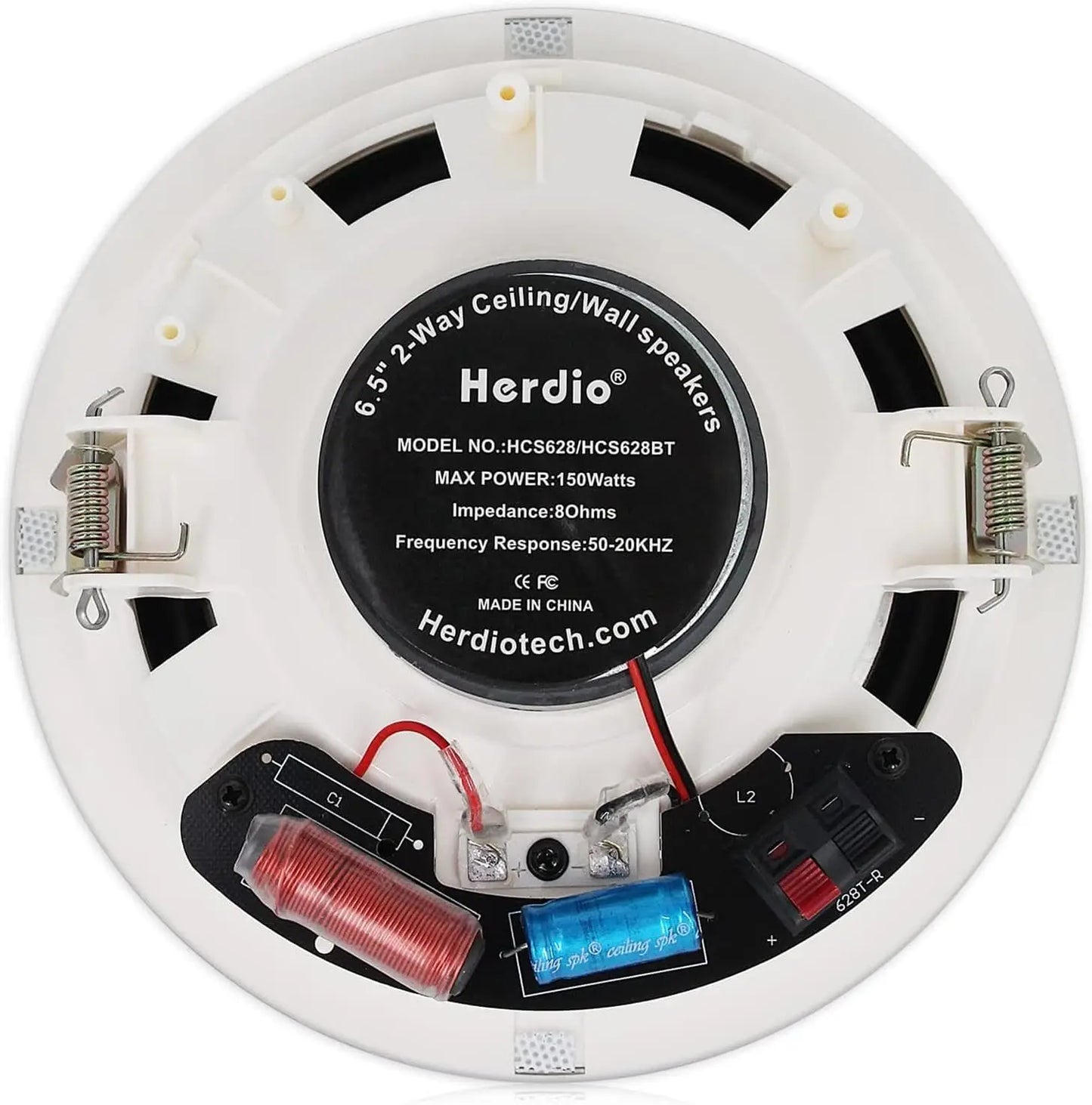 White circular 6.5 inch herdio 300w ceiling bluetooth speaker home recessed with visible internal components for bedroom bathroom 2pcs