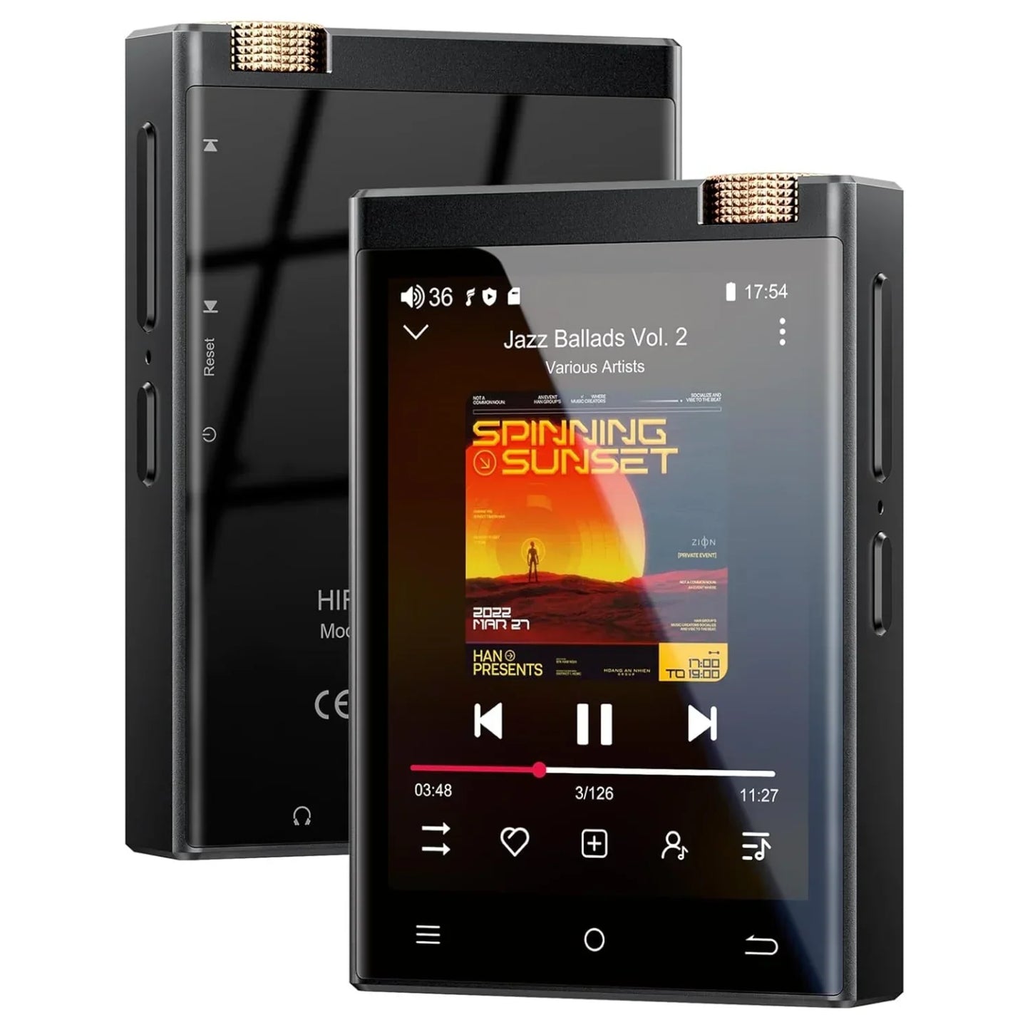 Black rectangular hi-fi mp3 player with gold accents and touchscreen featuring wifi oilsky lossless dsd high-resolution audio