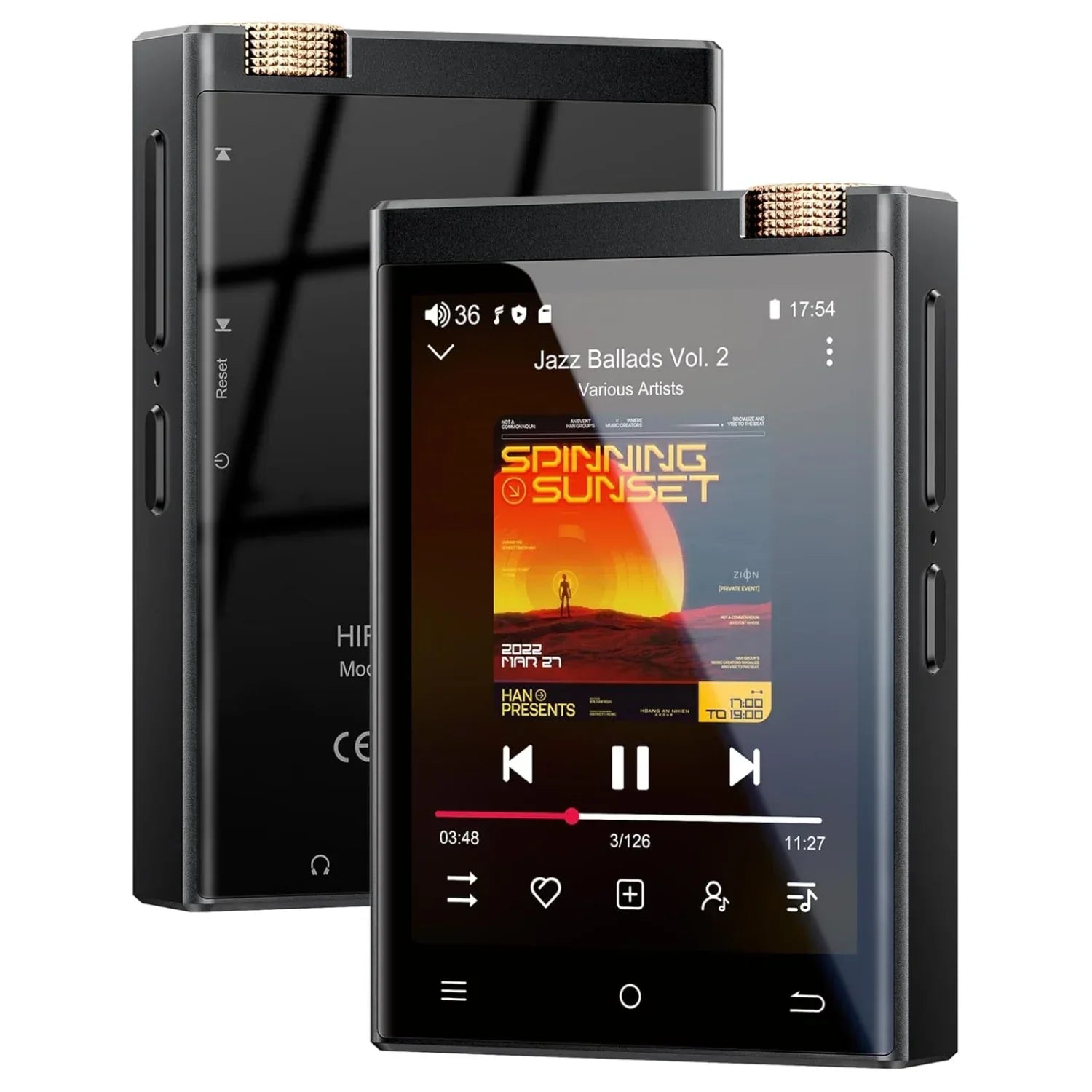 Black rectangular hi-fi mp3 player with gold accents and touchscreen featuring wifi oilsky lossless dsd high-resolution audio