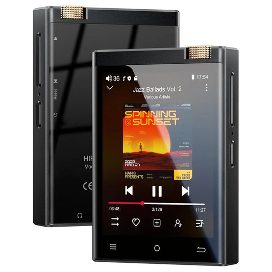 Black rectangular hi-fi mp3 player with gold accents and touchscreen featuring wifi oilsky lossless dsd high-resolution audio