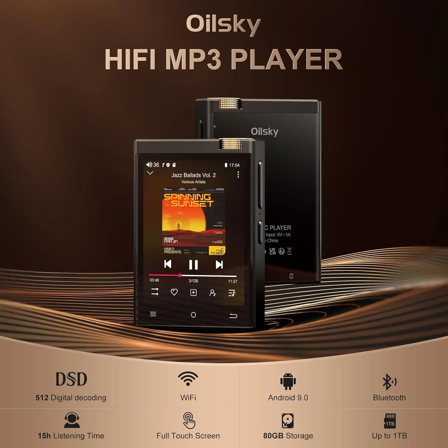 Black oilsky hi-fi mp3 player with full touch screen wifi oilsky lossless dsd high-resolution audio playback