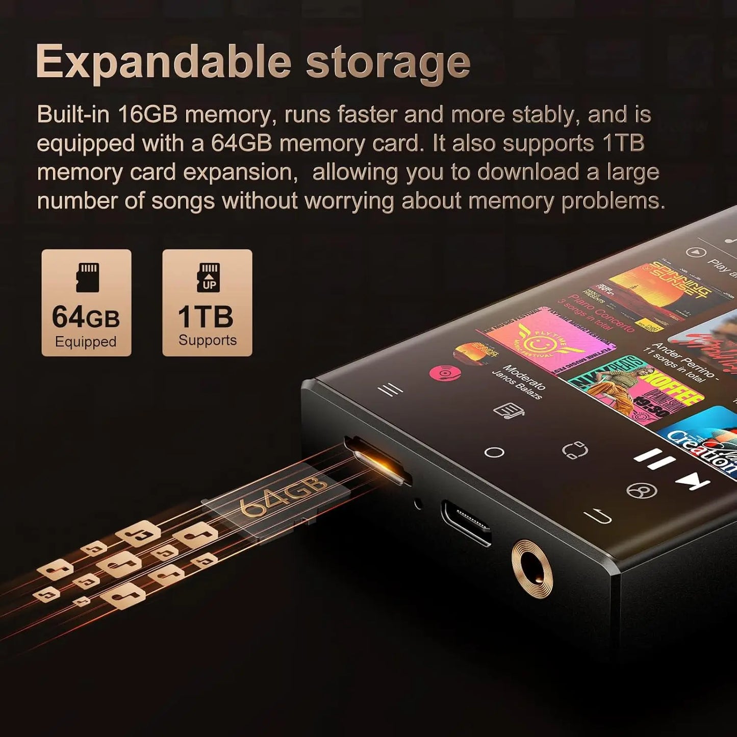 Black rectangular hi-fi mp3 player with gold-trimmed ports and touchscreen featuring wifi oilsky lossless dsd high-resolution audio