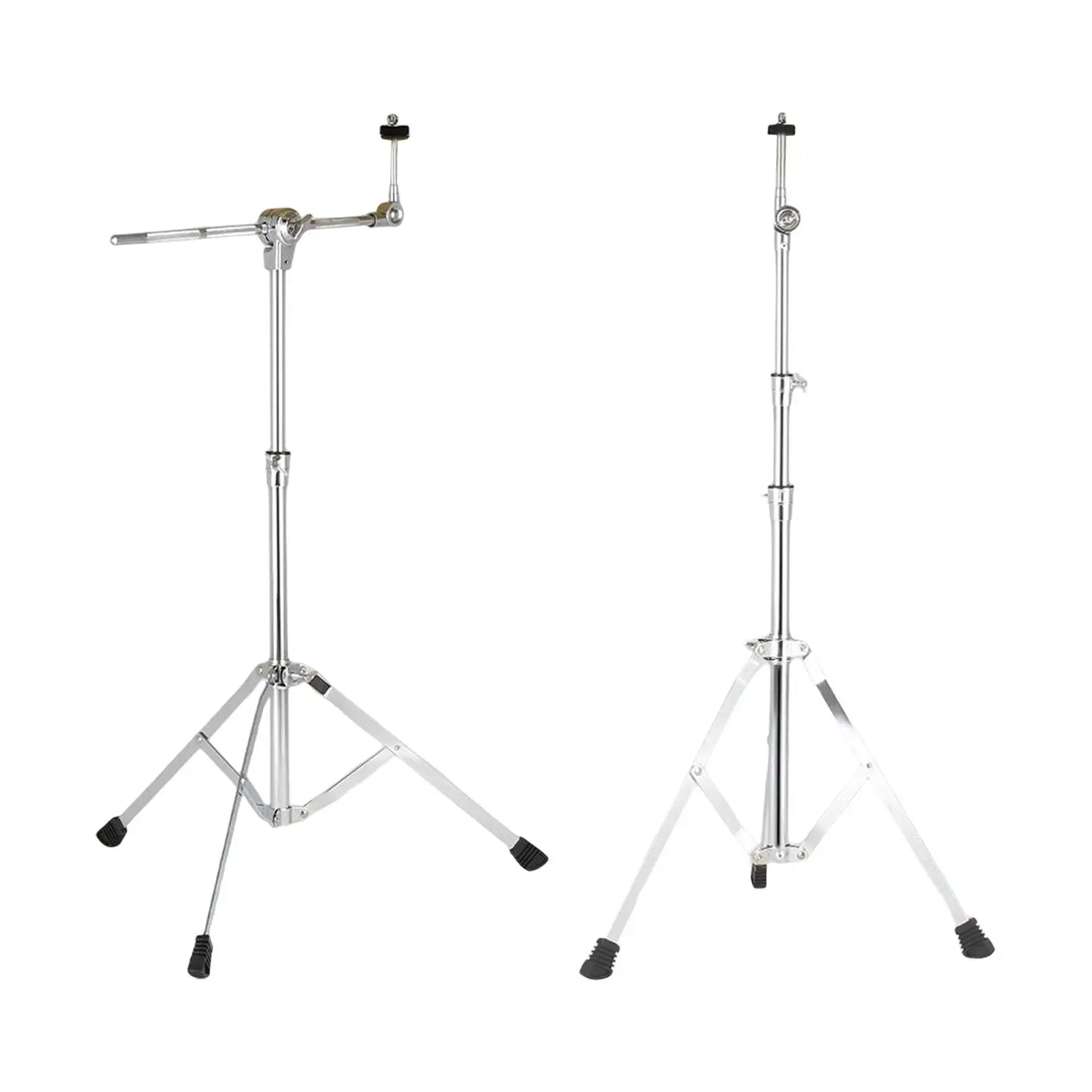 Silver chrome-finished heavy duty musical hi hat stand with folding bracket drum mount and adjustable cymbal arm on the left