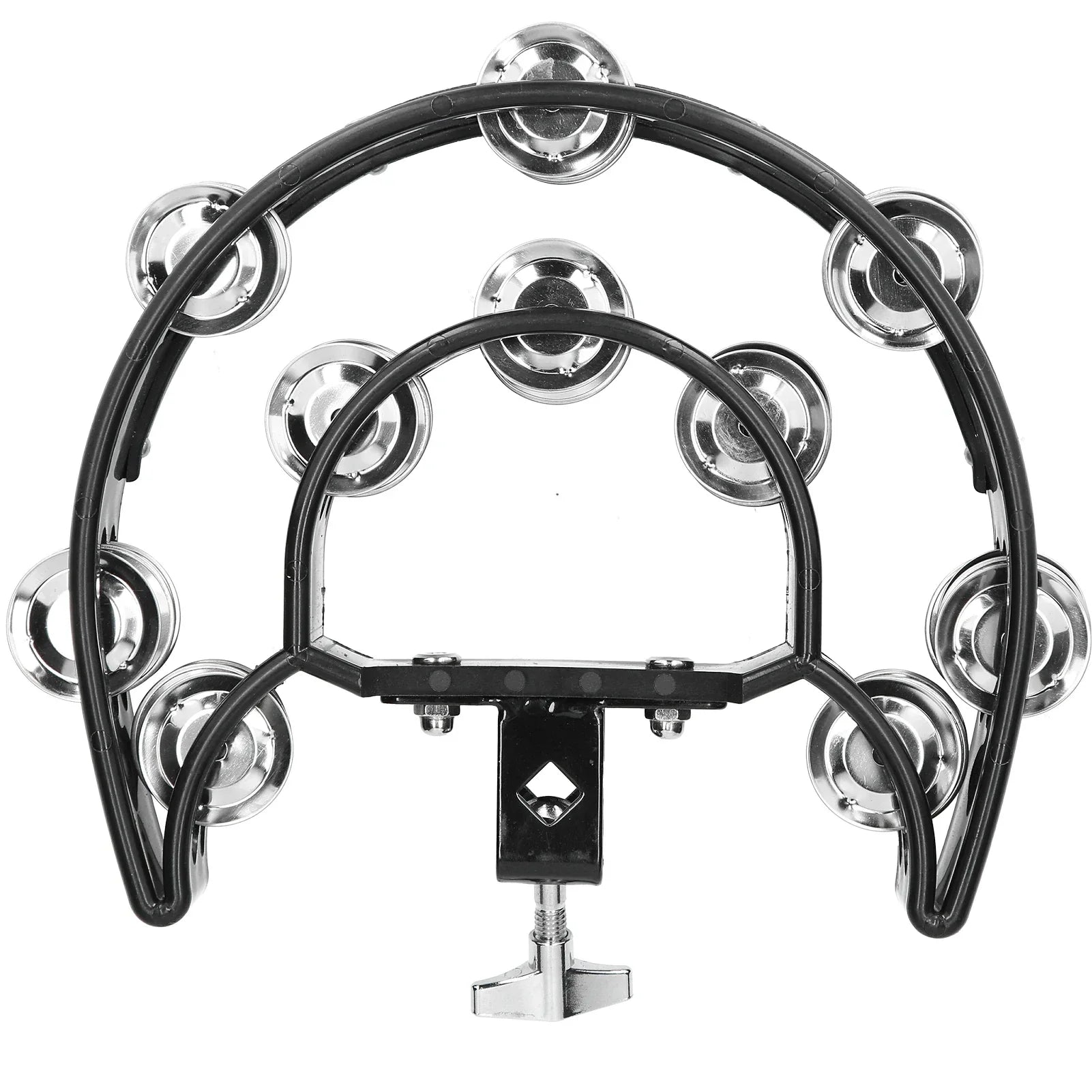 Black and chrome multifunctional hand bell hat tambourine drum with ten shiny double row bells in circular frame
