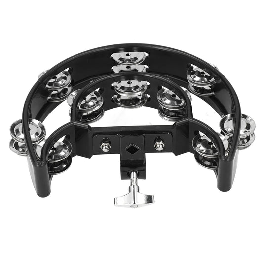 Black double-layered hat tambourine drum with shiny chrome double row bells and an adjustable central clamp multifunctional hand bell