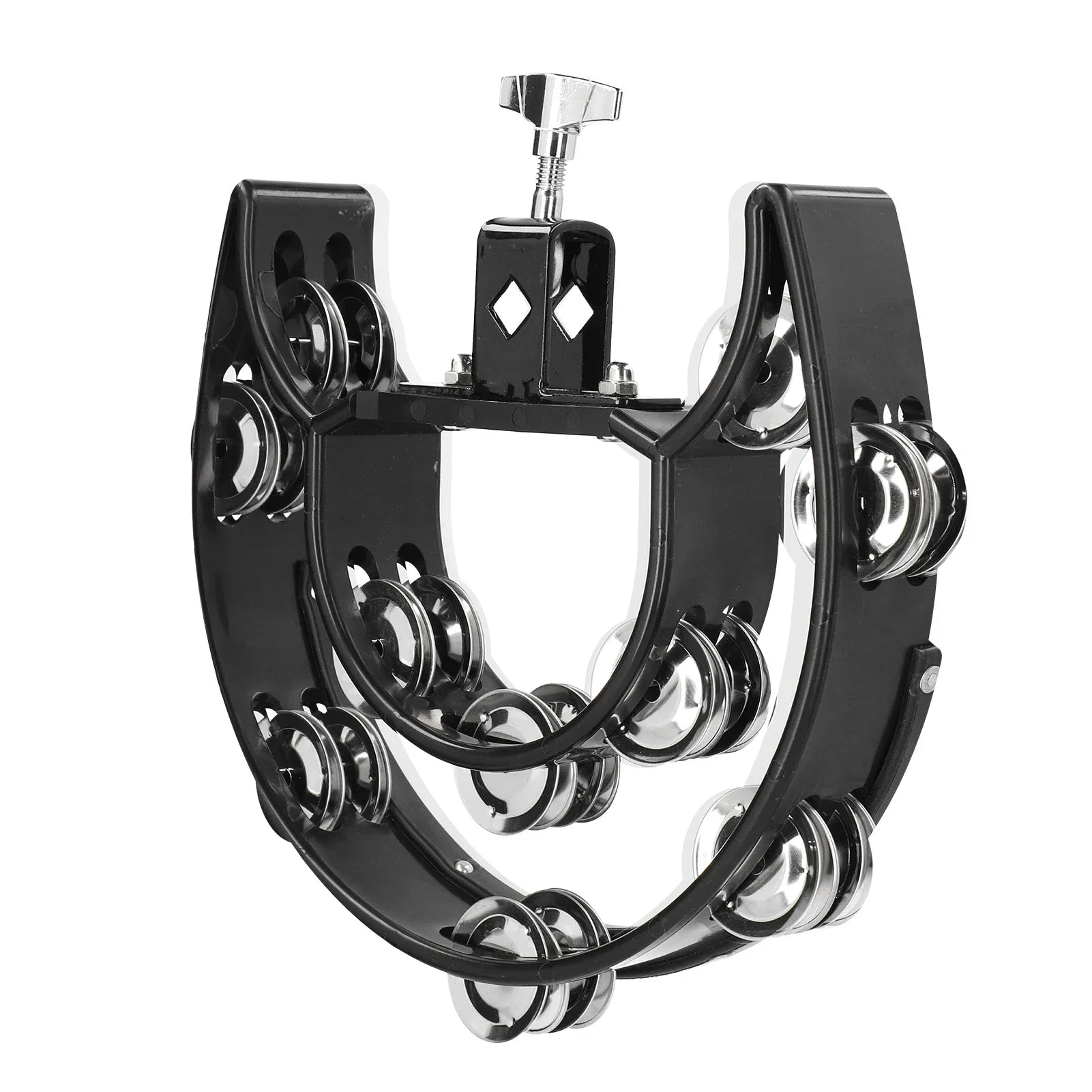 Black metal hi hat tambourine drum with shiny chrome double row bells and mounting bracket multifunctional hand bell