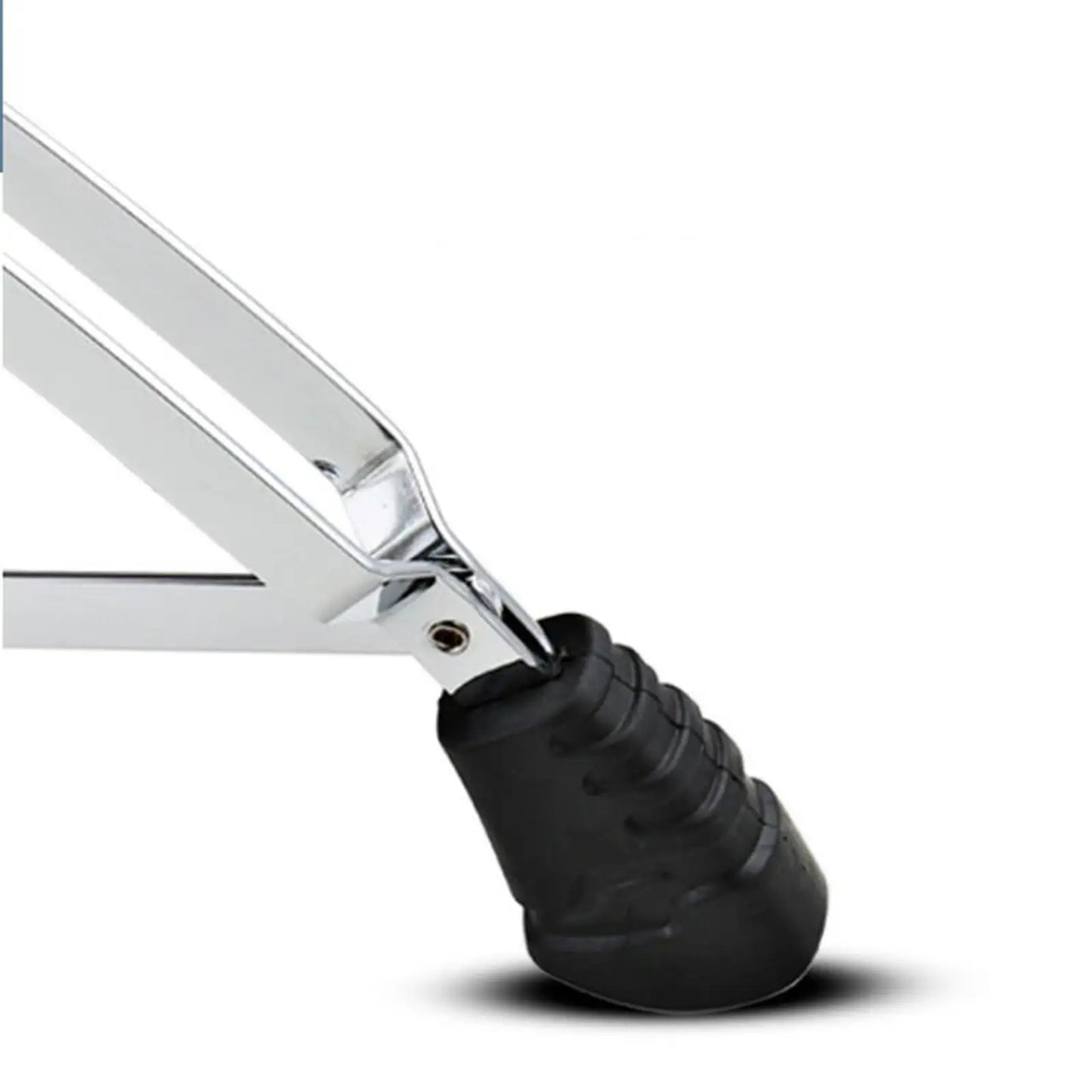 Black rubber foot pad attached to silver metal hi hat tripod stand for adjustable cymbal and drum pad stand use
