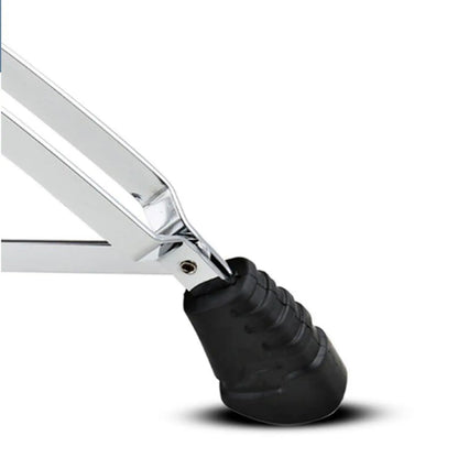 Black rubber foot pad attached to silver metal hi hat tripod stand for adjustable cymbal and drum pad stand use