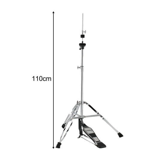 Silver chrome-finished hat tripod stand with adjustable height and black foot pedal for drum pad stand use measuring 110cm