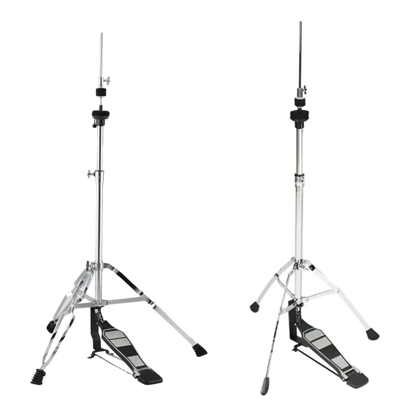Silver-finished hat tripod stand with black foot pedals and adjustable cymbal stand for drum pad mounting
