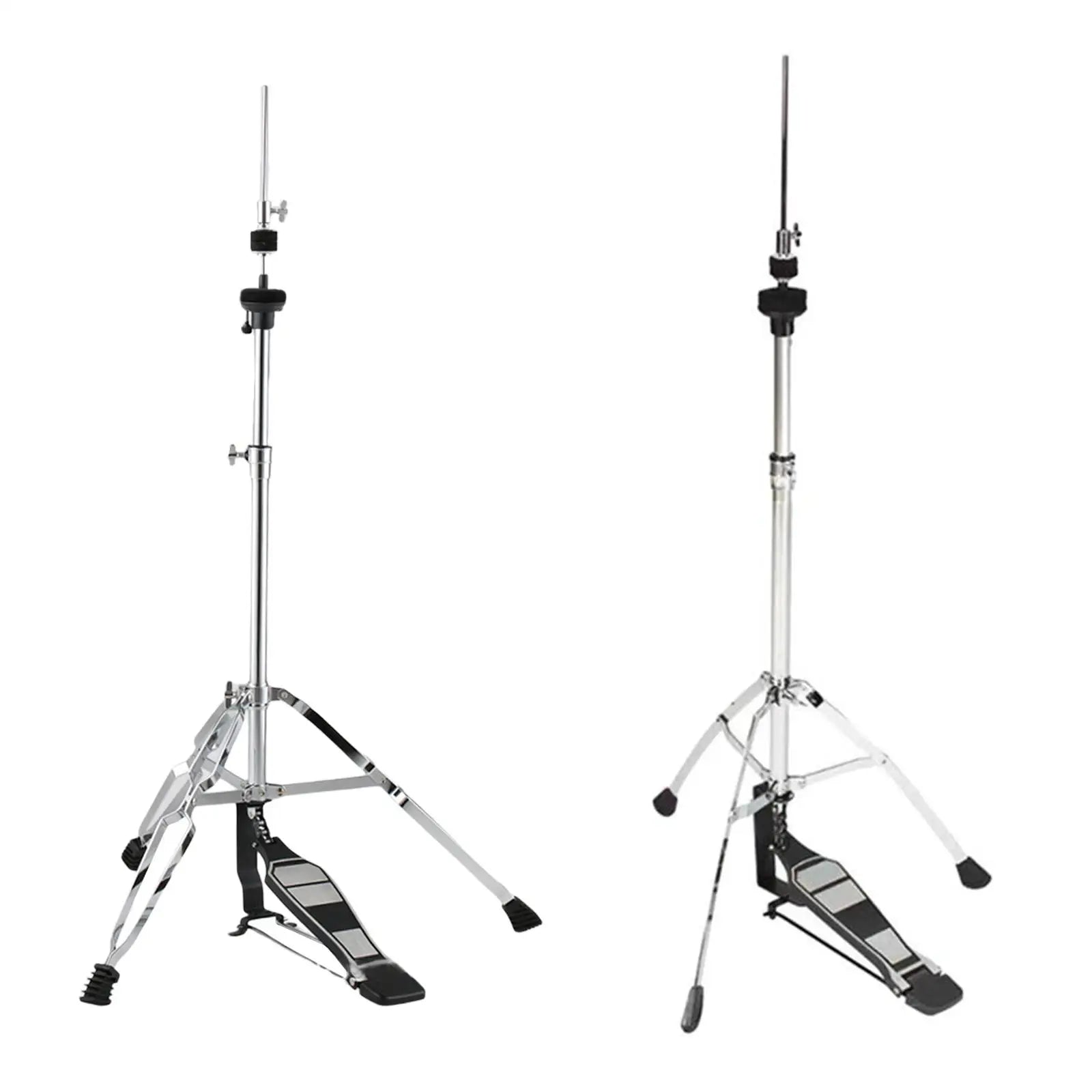 Silver-finished hat tripod stand with black foot pedals and adjustable cymbal stand for drum pad mounting