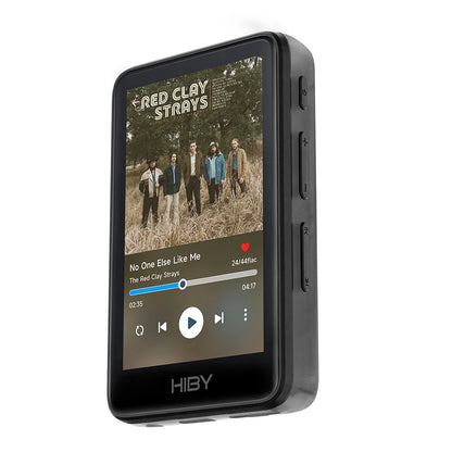 Black hiby r1 portable music player with rectangular screen showing album art and playback controls supports dssd256 pcm384khz 32bit master control
