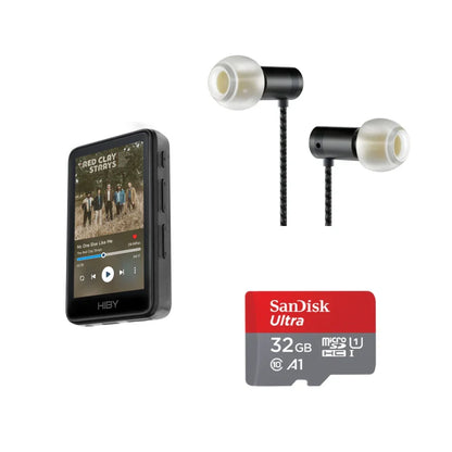 Black hiby r1 hi fi audio music player with touchscreen and matching in-ear headphones featuring dsd256 pcm384khz 32bit master control
