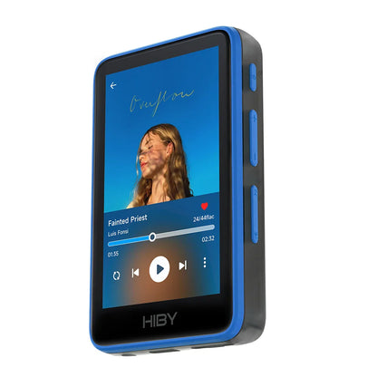 Blue and black hiby r1 portable music player with touchscreen showing album art featuring dssd256 pcm384khz 32bit playback