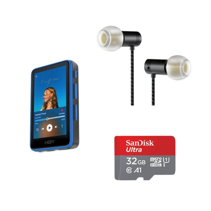Blue hiby r1 hifi audio music player with dssd256 pcm384khz 32bit support black earbuds and sandisk ultra 32gb microsd card
