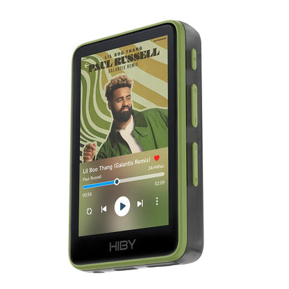 Olive green and black hiby r1 hifi audio music player with touchscreen showing album art featuring dssd256 pcm384khz 32bit