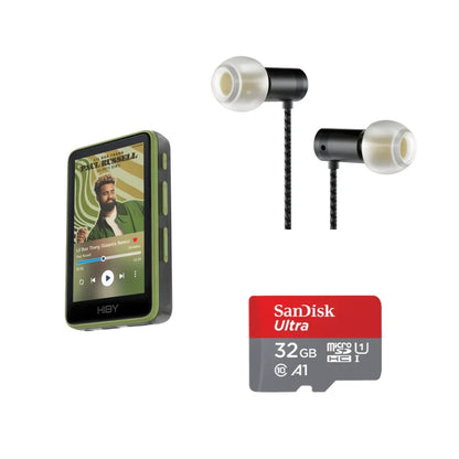 Olive green hiby r1 hifi portable music player with dsd256 pcm384khz 32bit and 32gb sandisk microsd card with black in-ear headphones