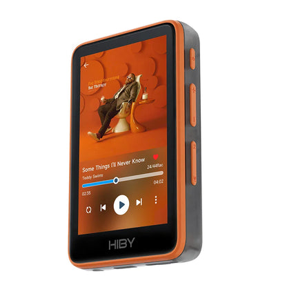 Orange and black hiby r1 hi fi audio music player with dssd256 pcm384khz 32bit touchscreen and master control features
