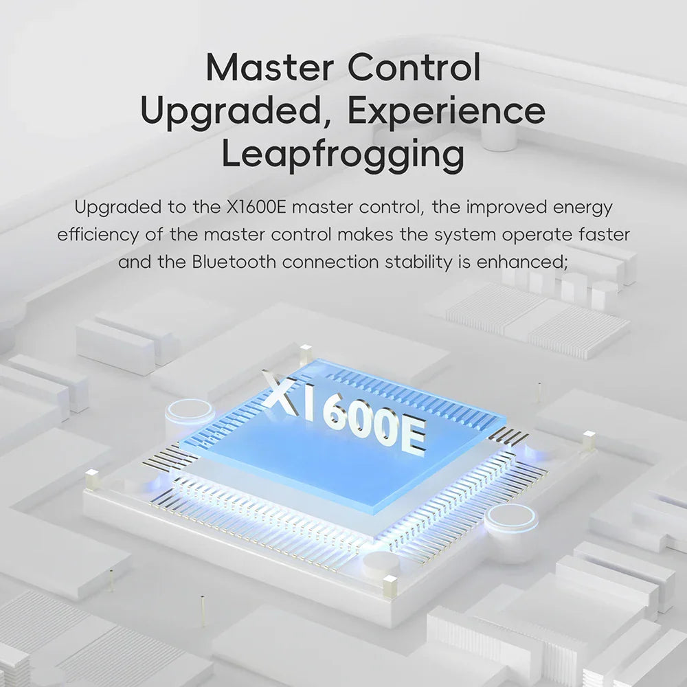 Blue-lit x1600e master control chip with metallic pins on circuit board in hiby r1 dsd256 pcm384khz 32bit audio player