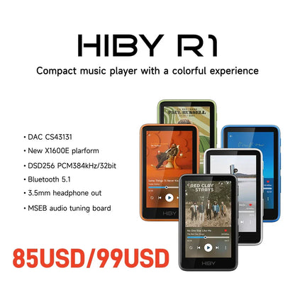 Hiby r1 compact music player in black silver and orange with dsd256 pcm384khz 32bit and 32bit x1600e cs43131 master control