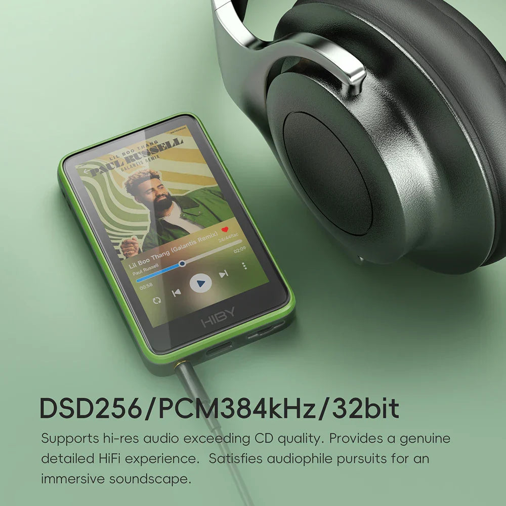 Green hiby r1 hifi audio music player with black screen displaying album art featuring dsd256 pcm384khz 32bit master control