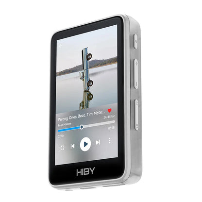 Silver hiby r1 portable music player with touchscreen featuring dsd256 pcm384khz 32bit x1600e cs43131 master control