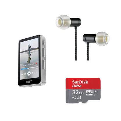 Silver hiby r1 portable music player with black screen and white earbuds paired with sandisk ultra 32gb microsd card featuring dsd256 pcm384khz 32bit master control x1600e cs43131