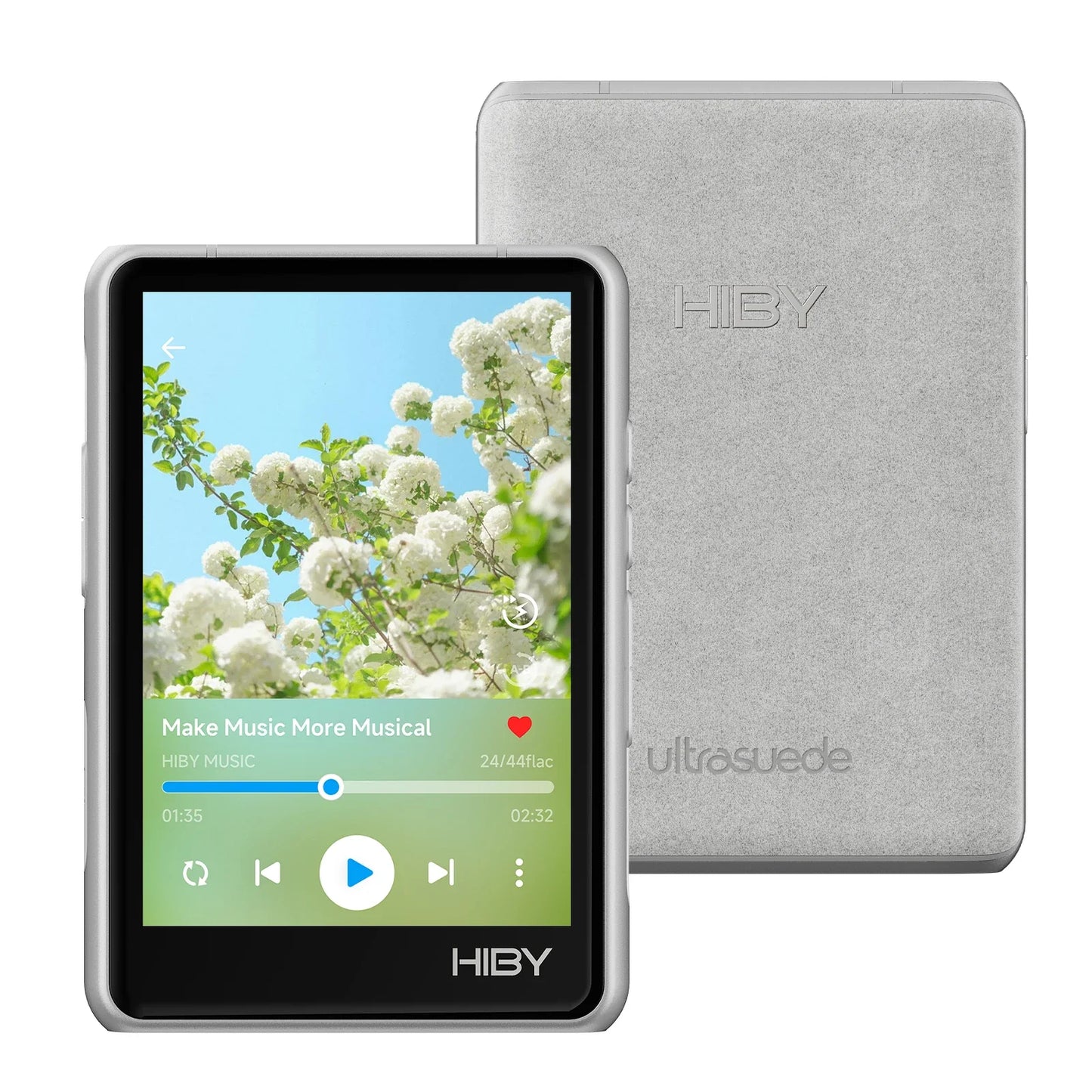 Silver hiby r3 pro ii portable music player with ultrasuede case, vibrant screen, opa1622 headphone amp, and 480mw output pocket cannon