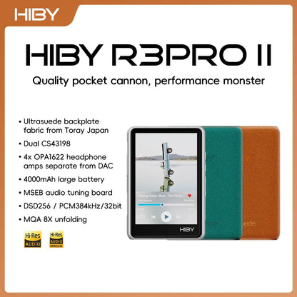 The hiby r3 pro ii is a silver-framed portable music player with opa1622 headphone amp and 480mw output in teal or brown