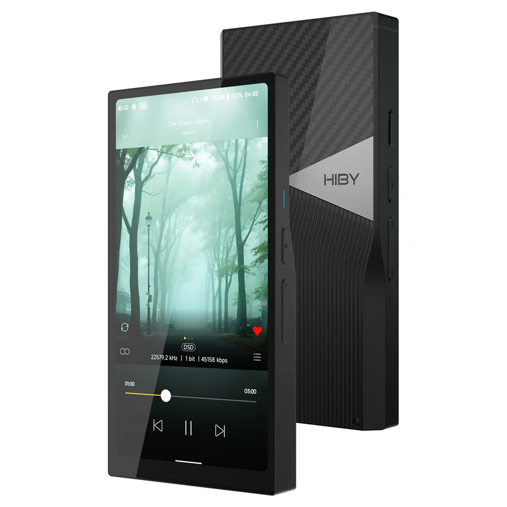 Black hiby r6 pro portable music player with sleek carbon fiber back and glossy screen showing mqa 16x audio details