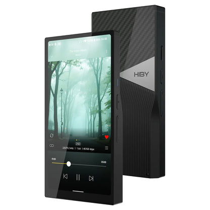 Black hiby r6 pro portable music player with sleek carbon fiber back and glossy screen showing mqa 16x audio details