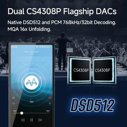 Black hiby r6 pro dac headphone amp with dual cs4308p dacs displaying music playback and mqa 16x specs on touchscreen