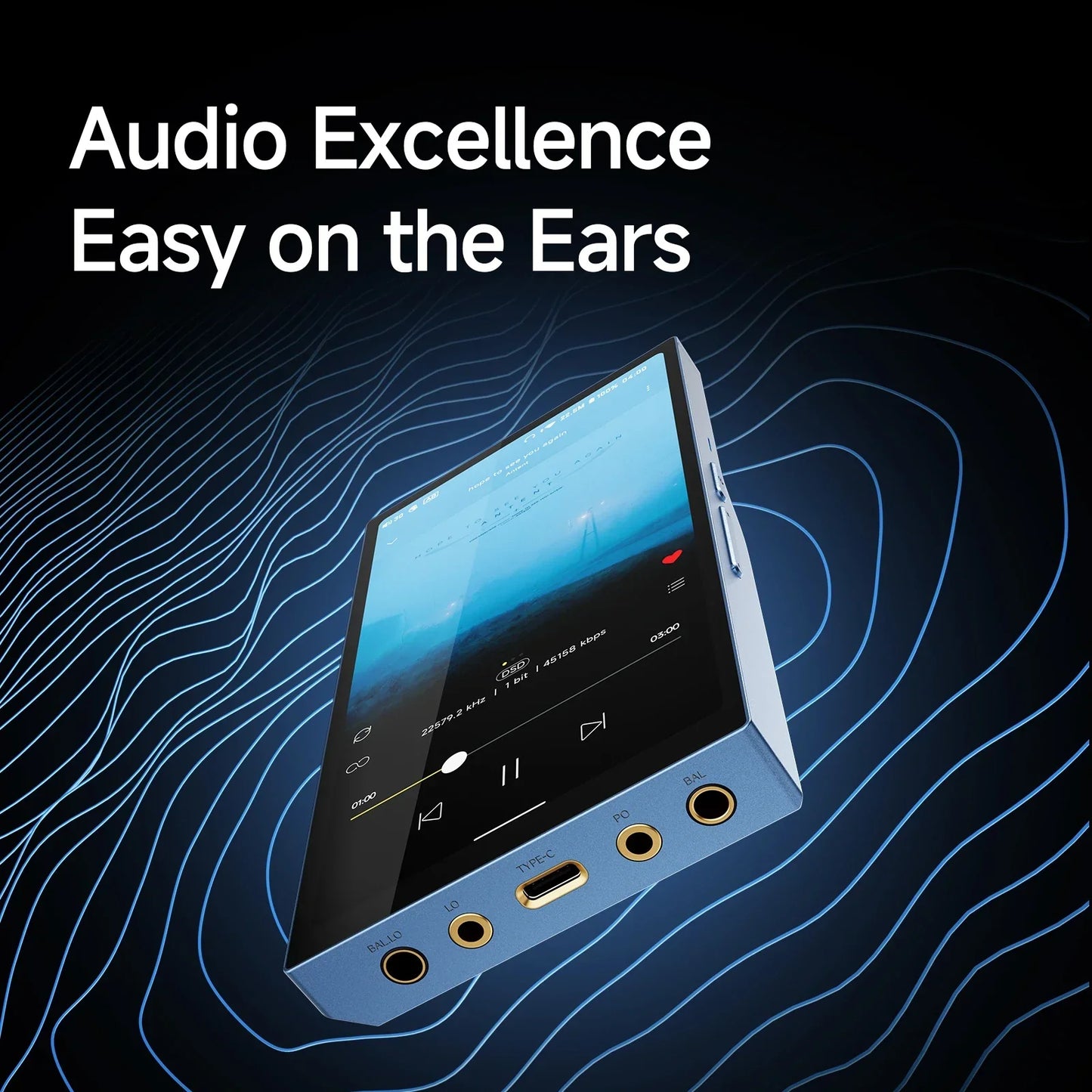 Blue metallic hiby r6 pro portable music player with touchscreen, mqa 16x support, dac headphone amp, and multiple audio ports