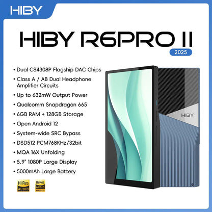 The hiby r6 pro ii 2025 back side with black carbon fiber texture and blue accents features mqa 16x dac headphone amp