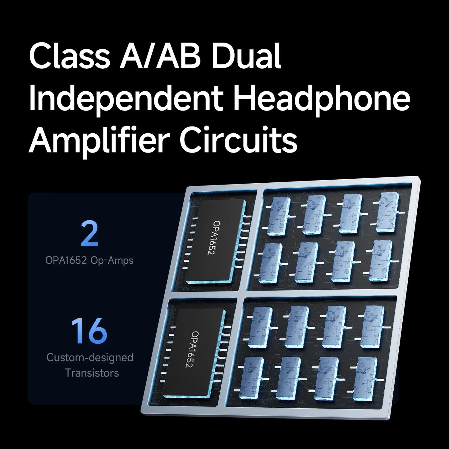 Silver-framed circuit board of hiby r6 pro dac headphone amp featuring opa1652 op-amps and custom transistors mqa 16x