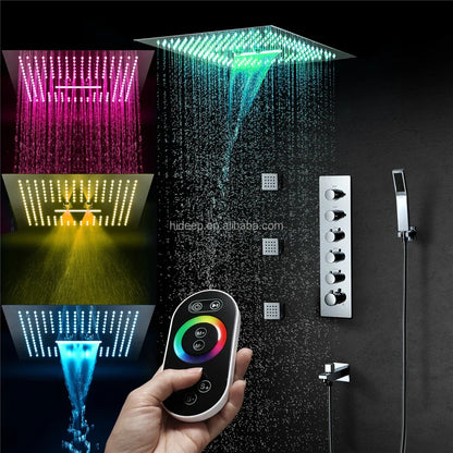 A sleek square chrome thermostatic hideep led showerhead with integrated rgb lighting for led music shower use
