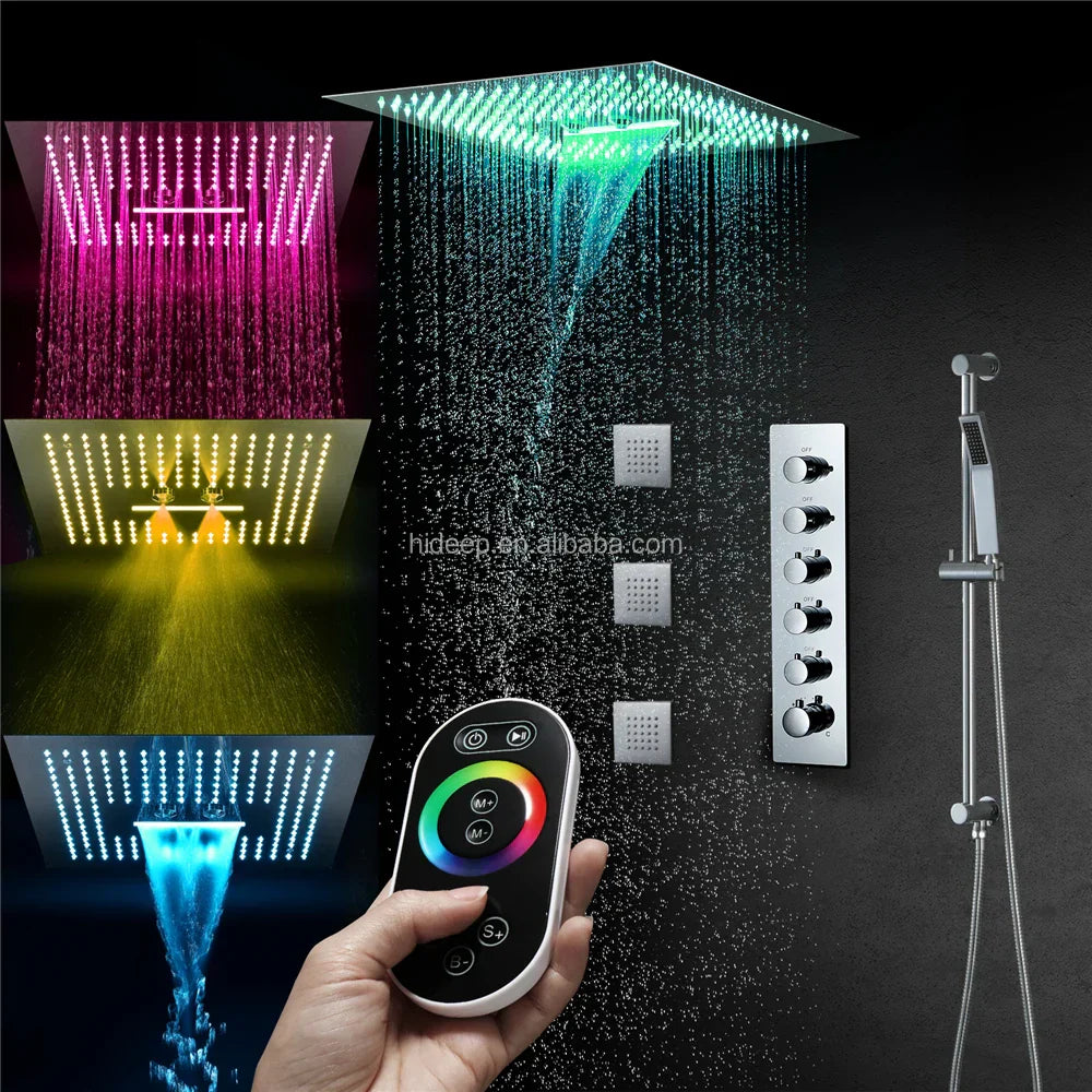 A sleek chrome hidEEP led shower head with square design, vibrant rainbow led lighting, and thermostatic multifunction features