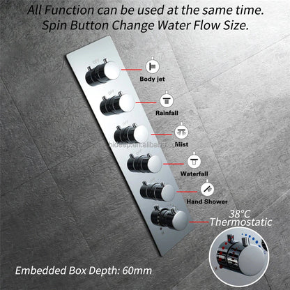 Modern chrome-finished thermostatic shower control panel with six spin buttons for hideep led music shower functions