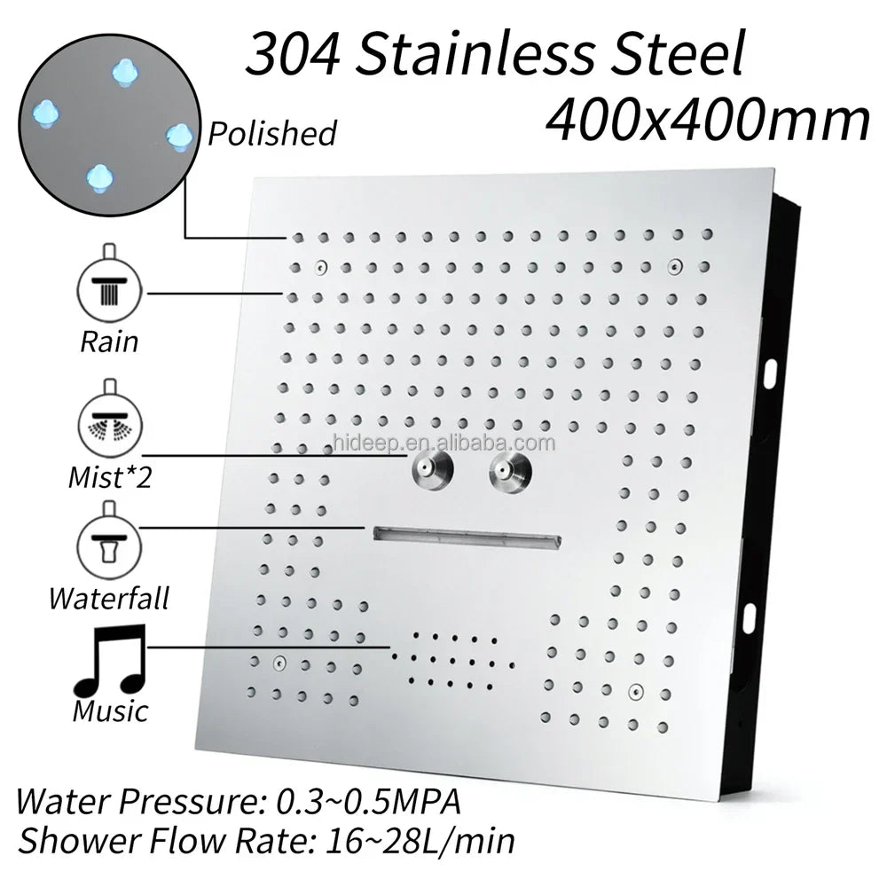 Polished 304 stainless steel hideep led music shower panel with thermostatic controls and multifunction spray nozzles