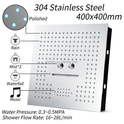 Polished 304 stainless steel hideep led music shower panel with thermostatic controls and multifunction spray nozzles