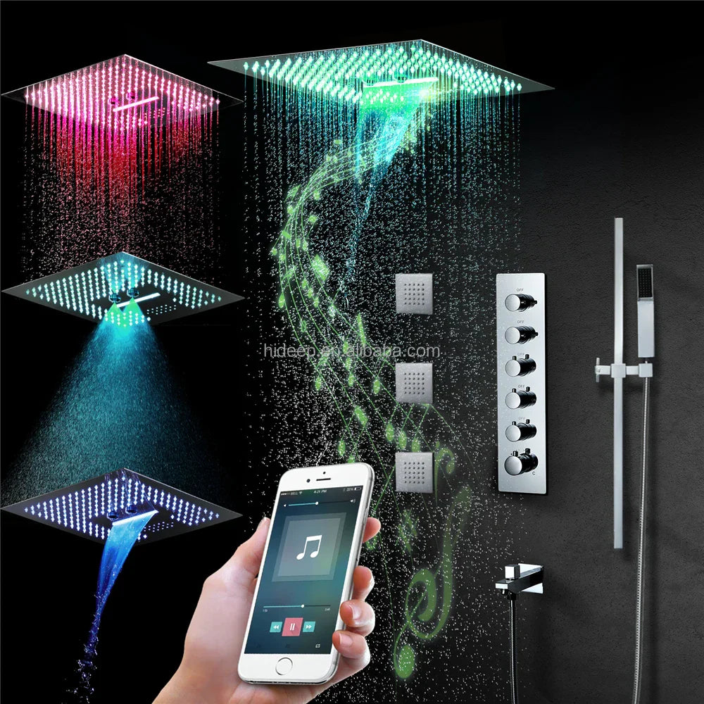 Hideep led shower wall mounted thermostatic shower head with color changing led music shower and multifunction spa design